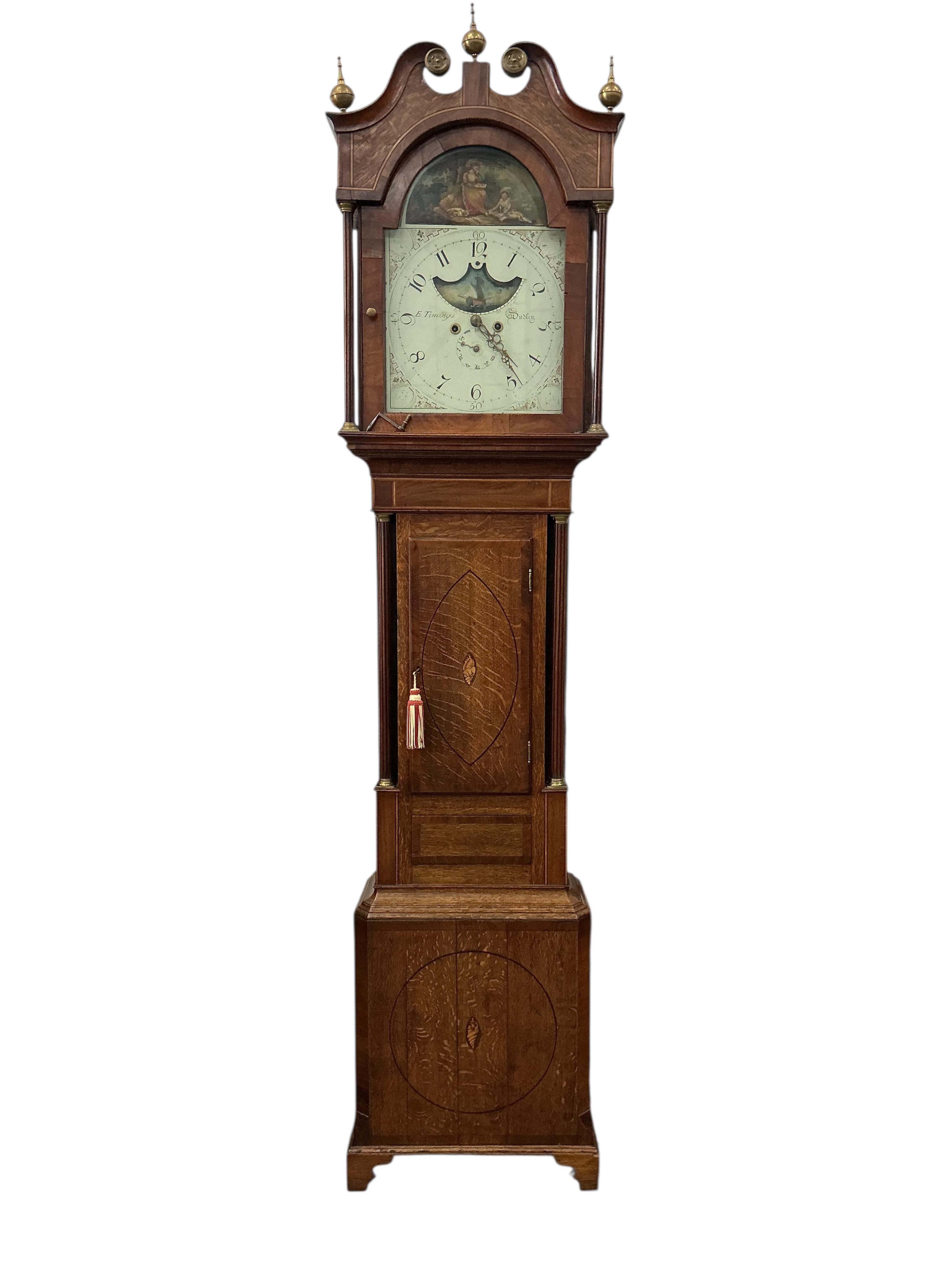 A George III oak and mahogany eight day moonphase longcase clock, marked Timmings, Dudley, height 236cm